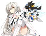 1girl ;) boots breasts cleavage elsword eve_(elsword) facial_mark gloves highres leotard long_hair looking_at_viewer one_eye_closed orange_eyes silver_hair sitting small_breasts smile solo thigh-highs thigh_boots very_long_hair white_footwear white_gloves white_leotard 