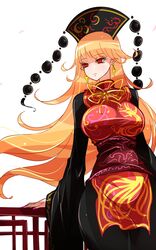  1girl black_dress black_hat blonde_hair blush breasts chinese_clothes cowboy_shot dress earrings expressionless fingernails half-closed_eyes hat highres hips jewelry junko_(touhou) large_breasts lips long_hair long_sleeves looking_afar nail_polish pointy_ears purple_nails railing raptor7 red_eyes ribbon sharp_fingernails simple_background solo standing tabard tassel thighs touhou very_long_hair white_background yellow_ribbon 