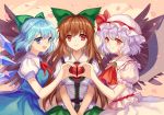  3girls ascot black_wings blue_eyes blue_hair blue_skirt bow breasts brooch brown_hair cirno closed_mouth fang feathered_wings green_bow green_skirt hair_bow hair_ribbon hat heart heart_hands heart_hands_duo ice ice_wings jewelry lavender_hair long_hair medium_breasts mirror_(xilu4) mob_cap multiple_girls open_mouth puffy_short_sleeves puffy_sleeves red_eyes red_ribbon reiuji_utsuho remilia_scarlet ribbon shirt short_sleeves skirt skirt_set smile third_eye touhou v_arms very_long_hair white_shirt wing_collar wings 