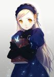 1girl bangs black_gloves blonde_hair blue_dress blue_hairband book book_hug butterfly caidychen closed_mouth covered_collarbone dress elbow_gloves gloves glowing glowing_butterfly gradient gradient_background hairband highres holding holding_book juliet_sleeves lavenza long_hair long_sleeves looking_at_viewer persona persona_5 puffy_short_sleeves puffy_sleeves short_sleeves simple_background solo standing swept_bangs turtleneck very_long_hair white_background yellow_eyes 