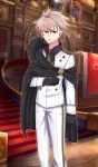  1boy ahoge black_gloves brown_hair craft_essence fate/apocrypha fate/grand_order fate_(series) fokwolf formal gloves highres looking_at_viewer necktie open_clothes red_eyes short_hair sieg_(fate/apocrypha) solo solo_focus suit 