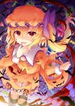  1girl alternate_color basket bat bat_cutout blonde_hair blood bow candy cuts fang flandre_scarlet food halloween_costume hat hat_bow holding injury juliet_sleeves lens_flare lollipop long_hair long_sleeves looking_at_viewer mob_cap night night_sky orange_hat parted_lips pointy_ears puffy_sleeves purple_bow red_eyes shikitani_asuka shoes side_ponytail sky smile solo star striped striped_legwear thigh-highs touhou wings 