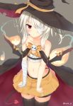  1girl ayanami_(azur_lane) azur_lane bandage bandaged_arm bangs black_legwear blush closed_mouth collarbone cursor demon_tail demon_wings flat_chest fujieda_uzuki grey_background hair_over_one_eye hat highres jitome long_hair midriff navel orange_skirt pleated_skirt sidelocks simple_background skirt solo tail thigh-highs twitter_username violet_eyes wings witch_hat 