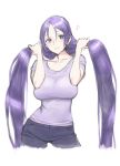 1girl breasts denim fate/grand_order fate_(series) jeans long_hair looking_at_viewer minamoto_no_raikou_(fate/grand_order) musical_note nakuta pants purple_hair shirt simple_background smile solo t-shirt twintails violet_eyes white_background