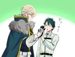  2boys :o armor belt black_gloves blonde_hair blue_eyes cape eyebrows_visible_through_hair fate/grand_order fate_(series) fujimaru_ritsuka_(male) fur_trim gawain_(fate/extra) gloves green_background green_eyes green_hair hands_together height_difference looking_at_another looking_down male_focus multiple_boys open_mouth simple_background smile sweatdrop uniform zero-souma 