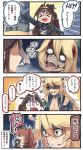  &gt;_&lt; 3girls 4koma ahoge animal_ears blonde_hair blue_eyes brown_hair comic commentary_request double_bun front-tie_top hair_between_eyes halloween halloween_costume highres ido_(teketeke) iowa_(kantai_collection) kantai_collection kongou_(kantai_collection) long_hair multiple_girls o_o ofuda open_mouth ponytail revision saratoga_(kantai_collection) shaded_face smile speech_bubble star star-shaped_pupils symbol-shaped_pupils translation_request wolf_ears wolf_paws 