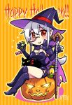  1girl ahoge animal black_cat breasts caffein cat chibi cleavage halloween hat headphones jack-o&#039;-lantern monocle pointy_ears ponytail red_eyes silver_hair sitting solo staff vocaloid voyakiloid witch witch_hat yowane_haku 