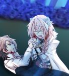  2boys ahoge astolfo_(fate) bangs black_pants blood blood_from_mouth bloody_hands blush braid brown_hair cape cloak closed_eyes crying eyebrows_visible_through_hair fang fate/apocrypha fate/grand_order fate_(series) fokwolf from_side gauntlets hair_ornament hair_ribbon hand_holding injury long_braid long_hair long_sleeves looking_at_another male_focus multicolored_hair multiple_boys pants pink_hair red_eyes ribbon rider_of_black sad shirt short_hair sieg_(fate/apocrypha) single_braid trap two-tone_hair very_long_hair waistcoat white_shirt yaoi 