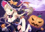  1girl ;d amemiya_ruki bare_shoulders blonde_hair breasts broom broom_riding candy commentary_request corset detached_collar detached_sleeves earrings food full_moon green_eyes halloween hat hat_ribbon highres jack-o&#039;-lantern jewelry large_breasts long_hair looking_at_viewer moon one_eye_closed open_mouth original pumpkin ribbon shoes smile solo star star_earrings wand white_footwear witch_hat 