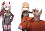  2girls :d anchor_hair_ornament aqua_eyes azur_lane breasts commentary_request cow crossover garter_straps hair_ornament iron_cross kantai_collection light_brown_hair long_hair misumi_(niku-kyu) multiple_girls namesake open_mouth orange_eyes prinz_eugen_(azur_lane) prinz_eugen_(kantai_collection) sideboob silver_hair simple_background smile twintails twitter_username white_background 