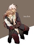  2boys ahoge bangs black_pants black_shirt boots dark_skin fate/apocrypha fate/grand_order fate_(series) gauntlets green_eyes grey_background hug long_hair long_sleeves male_focus mine_(odasol) multiple_boys open_clothes pants red_eyes saber_of_black scar shirt short_hair sieg_(fate/apocrypha) sitting sitting_on_lap sitting_on_person waistcoat white_shirt yaoi 