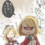  2girls angry azur_lane blonde_hair braid cape character_request earrings epaulettes french_braid jewelry long_hair multiple_girls red_cape ree_(re-19) shaded_face short_hair speech_bubble translated 