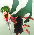  1girl bangs black_pants china_dress chinese_clothes draco_centauros dragon_girl dragon_tail dragon_wings dress elbow_gloves eyebrows_visible_through_hair fang flats flying gloves gradient gradient_background green_background green_hair highres horns long_dress looking_at_viewer nishiide_kengorou open_mouth pants pants_under_dress pointy_ears puyopuyo red_dress red_footwear short_hair side_slit sleeveless sleeveless_dress slit_pupils smile solo tail white_gloves wings yellow_eyes 