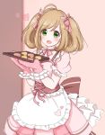 1girl :d ahoge apron blush bow cookie food green_eyes hair_bow highres holding holding_tray idolmaster idolmaster_cinderella_girls idolmaster_cinderella_girls_starlight_stage looking_at_viewer momoi_mari12 open_mouth oven_mitts pink_bow satou_shin smile tray valentine 