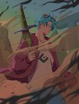  1boy bare_chest blue_eyes blue_hair clenched_hand cosplay crossover dragon_ball dragon_ball_super dragonball_z earrings expressionless hatsune_miku hatsune_miku_(cosplay) jacket jewelry looking_away male_focus pants sand shirt short_hair suna_no_wakusei_(vocaloid) sunglasses sword trunks_(dragon_ball) vocaloid weapon white_shirt 