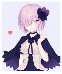  1girl black_bow blush bow capelet choker cross eyebrows_visible_through_hair fate/grand_order fate_(series) grey_background hair_bow hair_over_one_eye heart looking_at_viewer purple_bow purple_hair shielder_(fate/grand_order) short_hair short_sleeves smile solo upper_body violet_eyes 