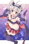  1girl @_@ ahoge akagashi_hagane animal_ears bandeau bangs bare_shoulders breasts demon_tail demon_wings fake_horns fang from_above gloves grey_hair hair_ornament halloween_costume looking_at_viewer microskirt mouse_ears nazrin open_mouth purple_gloves purple_legwear red_eyes red_skirt short_hair skirt small_breasts solo sweatdrop tail thigh-highs touhou wings 