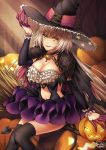  1girl alternate_costume arm_garter bambi_nano blonde_hair breasts broom broom_riding cleavage collar demon_tail fate/grand_order fate_(series) frilled_skirt frills fur_trim halloween halloween_costume hat highres jack-o&#039;-lantern jeanne_alter large_breasts looking_at_viewer pumpkin ruler_(fate/apocrypha) skirt smirk solo tail thigh-highs witch witch_hat yellow_eyes 