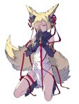  1boy animal_ears backless_outfit barefoot crossdressinging dress elbow_gloves erun_(granblue_fantasy) fox_ears gloves granblue_fantasy hair_ornament hair_ribbon kneeling kou_(granblue_fantasy) long_hair male_focus off_shoulder ribbon sword tail weapon yellow_eyes 