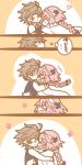  2boys ahoge bangs black_ribbon blush braid brown_hair cape cloak closed_eyes comic eyebrows_visible_through_hair face-to-face fang fate/grand_order fate_(series) flower from_side full_body gauntlets hair_ornament hair_ribbon heart hug juru_ry long_braid long_hair looking_at_another male_focus multicolored_hair multiple_boys multiple_monochrome orange_background pink_hair red_eyes ribbon rider_of_black shirt short_hair sieg_(fate/apocrypha) single_braid speech_bubble translation_request trap two-tone_hair violet_eyes waistcoat white_shirt yaoi 