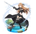  1girl adapted_costume asuna_(sao) belt black_cape black_footwear black_gloves black_legwear black_ribbon black_shorts breasts brown_eyes brown_hair cape cleavage cosplay crop_top fingerless_gloves floating_hair full_body gloves hair_ribbon holding holding_sword holding_weapon kirito kirito_(cosplay) long_hair looking_at_viewer medium_breasts midriff navel one_side_up ribbon short_shorts shorts solo stomach sword sword_art_online thigh-highs transparent_background very_long_hair weapon 