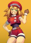  1girl belt blonde_hair brown_gloves cabbie_hat eyebrows_visible_through_hair flat_chest gloves green_eyes grin hand_on_hip hat long_hair ohnarev red_shorts rockman rockman_dash roll_caskett shorts sleeves_rolled_up smile solo unitard upper_body yellow_background 