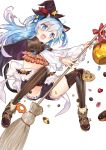  1girl :d animal_ears ankle_boots apron black_cape black_hairband black_hat black_legwear black_shorts blue_eyes blue_hair boots bow broom broom_riding brown_footwear candy cape cat_ears commentary_request crop_top doughnut fake_animal_ears fang food frilled_apron frilled_legwear frilled_shorts frills full_body hair_ribbon hairband halloween_basket hat hat_ribbon head_tilt heart hexagram highres holding holding_broom jack-o&#039;-lantern layered_sleeves lollipop long_hair long_sleeves looking_at_viewer loose_socks mini_hat mini_witch_hat nanakagura open_mouth original pon_de_ring pretzel puffy_short_sleeves puffy_sleeves red_bow red_ribbon ribbon short_over_long_sleeves short_shorts short_sleeves shorts simple_background smile socks socks_over_pantyhose solo star swirl_lollipop symbol-shaped_pupils thigh-highs two_side_up very_long_hair waist_apron white_apron white_background wide_sleeves witch_hat 