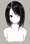 1girl bangs bare_shoulders black_hair closed_mouth collarbone cropped_torso grey_background greyscale heterochromia highres jiyu2 looking_at_viewer monochrome original portrait simple_background sketch solo swept_bangs upper_body 