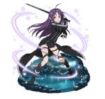  1girl adapted_costume ahoge black_cape black_footwear black_gloves black_legwear black_shorts cape cosplay fingerless_gloves floating_hair full_body gloves grin hairband holding holding_sword holding_weapon kirito kirito_(cosplay) kneehighs long_hair looking_at_viewer pointy_ears purple_hair red_eyes short_shorts shorts smile solo standing sword sword_art_online thigh_strap transparent_background very_long_hair weapon yuuki_(sao) 