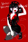  1girl bangs black_hair breasts character_request cleavage commentary_request english fangs gal_to_otaku_wa_wakari_aenai. halloween highres kawai_rou long_hair looking_at_viewer nurse one_knee open_mouth pantyhose red_background red_eyes solo text tongue tongue_out torn_clothes torn_pantyhose 