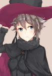  1girl absurdres ange_(princess_principal) black_cape black_hat blue_eyes breasts brown_hair cape eyebrows_visible_through_hair gloves hair_between_eyes hand_on_headwear hat highres medium_breasts princess_principal purple_gloves shionji_ax short_hair sidelocks solo upper_body 