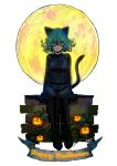  1girl absurdres animal_ears artist_name belt blue_eyes breasts cat_ears cat_tail catwoman catwoman_(cosplay) cosplay costume curly_hair dc_comics full_body full_moon green_hair halloween happy_halloween highres jack-o&#039;-lantern leotard looking_at_viewer mask moon okada_(hoooojicha) one-punch_man short_hair sitting small_breasts smile solo tail tatsumaki white_background 