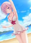  1girl arm_up armpits beach blue_sky blush breasts cleavage collarbone cowboy_shot dress fate/grand_order fate_(series) hair_over_one_eye highres ikkyuutensaii lavender_hair looking_at_viewer medium_breasts ocean outdoors shielder_(fate/grand_order) short_dress short_hair sideboob sky sleeveless sleeveless_dress smile solo standing violet_eyes white_bikini_bottom white_dress 