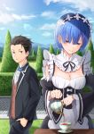  1boy 1girl absurdres black_hair black_tea blue_eyes blue_hair blue_sky blush breasts brown_eyes clouds formal furan_(pixiv20237436) hair_ornament hand_in_pocket highres looking_at_another maid medium_breasts natsuki_subaru outdoors path pouring re:zero_kara_hajimeru_isekai_seikatsu rem_(re:zero) road sky smile suit tea teapot wide_sleeves x_hair_ornament 