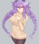  1girl blush braid breasts choujigen_game_neptune cowboy_shot dura grey_background hair_ornament hand_on_own_chest large_breasts long_hair looking_at_viewer neptune_(choujigen_game_neptune) neptune_(series) purple_hair purple_heart shiny shiny_hair simple_background smile solo sweater symbol-shaped_pupils thigh-highs twin_braids very_long_hair 