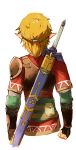 1boy black_gloves blonde_hair cropped_torso facing_away fingerless_gloves from_behind gloves hair_tie kinketsu link male_focus master_sword pointy_ears ponytail pout scabbard sheath short_over_long_sleeves shoulder_pads simple_background solo standing the_legend_of_zelda the_legend_of_zelda:_breath_of_the_wild traditional_media upper_body vambraces watercolor_(medium) weapon weapon_on_back white_background 