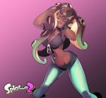 1girl boots breasts brown_hair cleavage commentary copyright_name dark_skin fingerless_gloves gloves green_eyes green_hair green_legwear heart heart-shaped_pupils highres iida_(splatoon) knee_boots lips medium_breasts midriff multicolored_hair navel navel_piercing octarian piercing sanefox slime smile solo splatoon splatoon_2 symbol-shaped_pupils tentacle_hair two-tone_hair unzipped zipper 