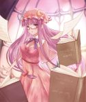  1girl absurdres bangs bespectacled blunt_bangs book bow breasts capelet cleavage crescent crescent_hair_ornament dress glasses hair_bow hair_ornament hat highres juunanaban long_hair looking_at_viewer mob_cap pages parted_lips patchouli_knowledge purple_hair solo touhou violet_eyes 