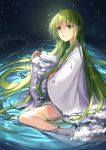  1boy absurdres androgynous bym enkidu_(fate/strange_fake) eyebrows_visible_through_hair fate/strange_fake fate_(series) green_eyes hair_between_eyes highres parted_lips sitting solo water 