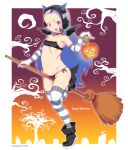  1girl bat_wings bikini black_bikini black_footwear black_hair blush breasts broom broom_riding choker elbow_gloves fake_horns forehead full_body giant_penguin_(kemono_friends) gloves grave grey_hair halloween happy_halloween headphones jack-o&#039;-lantern kemono_friends long_hair looking_at_viewer micro_bikini mudou_eichi multicolored_hair navel open_mouth red_eyes side-tie_bikini silver_hair skull small_breasts smile solo striped striped_gloves striped_legwear swimsuit tail thigh-highs very_long_hair wings 