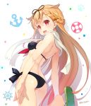  1girl adapted_costume anchor arched_back arms_at_sides ass bangs bare_arms bare_back bare_legs bare_shoulders bikini black_bikini black_ribbon blonde_hair blush braid breasts eyebrows_visible_through_hair flip-flops french_braid from_behind gradient_hair hair_ornament hair_ribbon hairclip kantai_collection leg_up lifebuoy long_hair looking_to_the_side multicolored_hair pink_hair red_eyes remodel_(kantai_collection) ribbon sailor_bikini sailor_collar sandals scarf small_breasts standing standing_on_one_leg steering_wheel swimsuit takei_ooki tareme thighs twitter_username very_long_hair white_scarf yuudachi_(kantai_collection) 