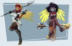  2girls alternate_costume bob_cut bodysuit breasts broom broom_riding cleavage cosplay dc_comics green_eyes green_sclera hat highres large_breasts legs_crossed long_hair mechanical_halo mechanical_wings mercy_(overwatch) mercy_(overwatch)_(cosplay) multiple_girls overwatch purple_hair raven_(dc) redhead short_hair staff standing standing_on_one_leg starfire teen_titans violet_eyes wings witch_hat witch_mercy 