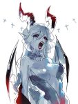  1girl bat_wings blood blood_on_face breasts dekooop fangs fur_collar horns long_hair medium_breasts open_mouth pointy_ears red_eyes red_lips sketch white_hair wings 