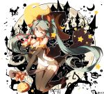  1girl bai_yemeng broom broom_riding halloween hatsune_miku heart highres jack-o&#039;-lantern long_hair one_eye_closed solo twintails very_long_hair vocaloid 