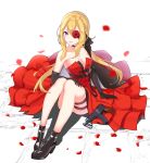  1girl :d absurdres ankle_boots artist_request black_gloves blonde_hair blue_eyes boots breasts choker cleavage collarbone dress elbow_gloves eyepatch flower flush girls_frontline gloves gun hair_between_eyes hand_on_own_knee high_heel_boots high_heels highres layered_dress legs_together long_hair looking_at_viewer low_twintails medium_breasts open_mouth panties petals rose rose_petals sidelocks sitting skorpion_vz._61 smile solo submachine_gun thigh_strap twintails underwear vz.61_(girls_frontline) weapon white_panties 