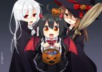  3girls black_hair broom brown_hair candy food glasses halloween halloween_basket halloween_costume hat holding jack-o&#039;-lantern kantai_collection kikuzuki_(kantai_collection) looking_at_viewer mikazuki_(kantai_collection) mochizuki_(kantai_collection) multiple_girls nagasioo open_mouth ribbon silver_hair simple_background twitter_username vampire_costume wings witch_hat 