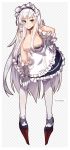  1girl :3 apron azur_lane bangs belfast_(azur_lane) blush breasts broken broken_chain chains closed_mouth collar dress eyebrows_visible_through_hair frilled_dress frills full_body gloves grey_gloves hair_between_breasts highres large_breasts leaning_forward long_hair looking_at_viewer maid maid_apron maid_headdress metal_collar pantyhose pigeon-toed platform_footwear short_sleeves smile solo striped striped_background tilt-shift very_long_hair violet_eyes white_hair white_legwear 