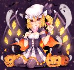  1girl alternate_costume bat black_background black_ribbon blonde_hair breasts candy cape corset dress flandre_scarlet food frilled_dress frills full_body ghost halloween halloween_costume hat hat_ribbon highres holding licking lollipop looking_at_viewer miya_sakaori mob_cap one_side over-kneehighs pumpkin red_eyes ribbon seiza sitting small_breasts smile solo striped striped_legwear thigh-highs touhou white_hat wings wrist_cuffs 