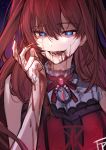  1girl absurdres bare_shoulders blood blood_on_face bloody_clothes bloody_hands blue_eyes fpanda highres ichinose_shiki idolmaster idolmaster_cinderella_girls licking_lips redhead ribbon sharp_teeth solo teeth tongue tongue_out 