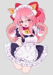  1girl alternate_costume animal_ears apron bad_id bad_pixiv_id bell bell_collar breasts collar enmaided fang fate/grand_order fate_(series) fox_ears hair_ribbon highres large_breasts long_hair looking_at_viewer maid maid_apron maid_headdress murasaki_pomeranian open_mouth paws pink_hair ribbon solo tamamo_(fate)_(all) tamamo_cat_(fate) waist_apron yellow_eyes 